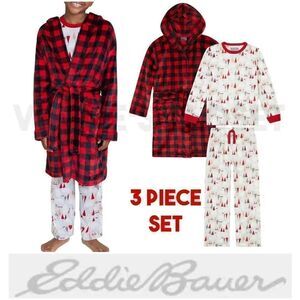 NEW! Eddie Bauer Youth 3 piece PJ Set, LS Top, Pant and Robe, Polar Bear…